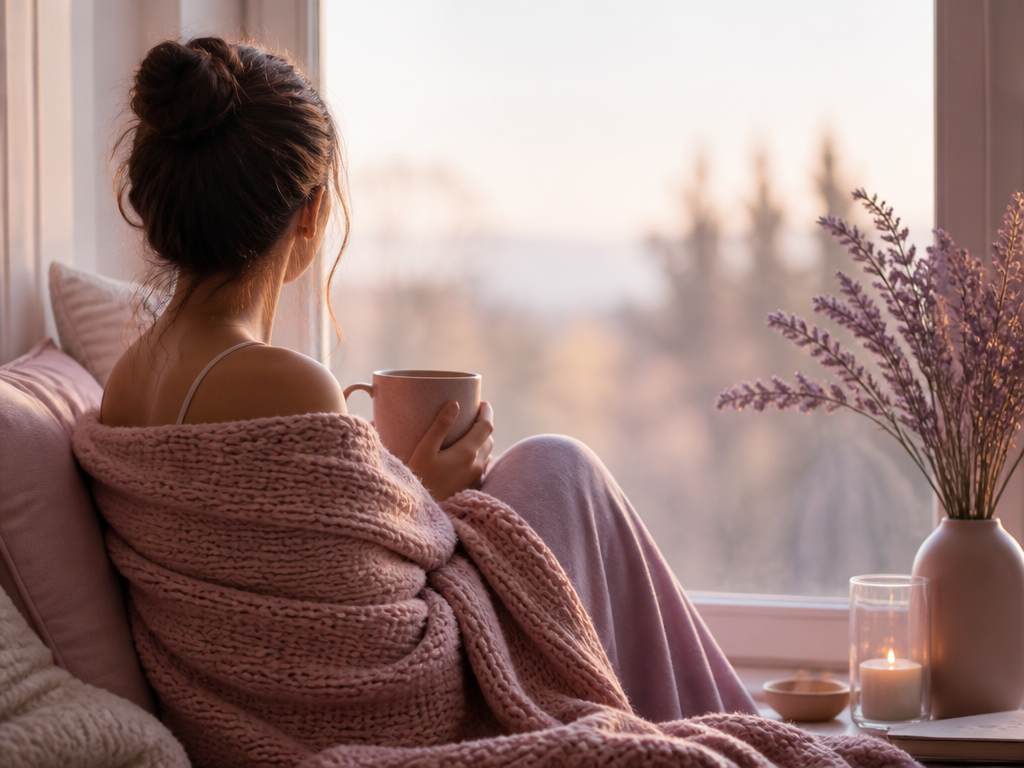 Frau in gemütlicher Decke am Fenster, Symbol für innere Ruhe und Stärke